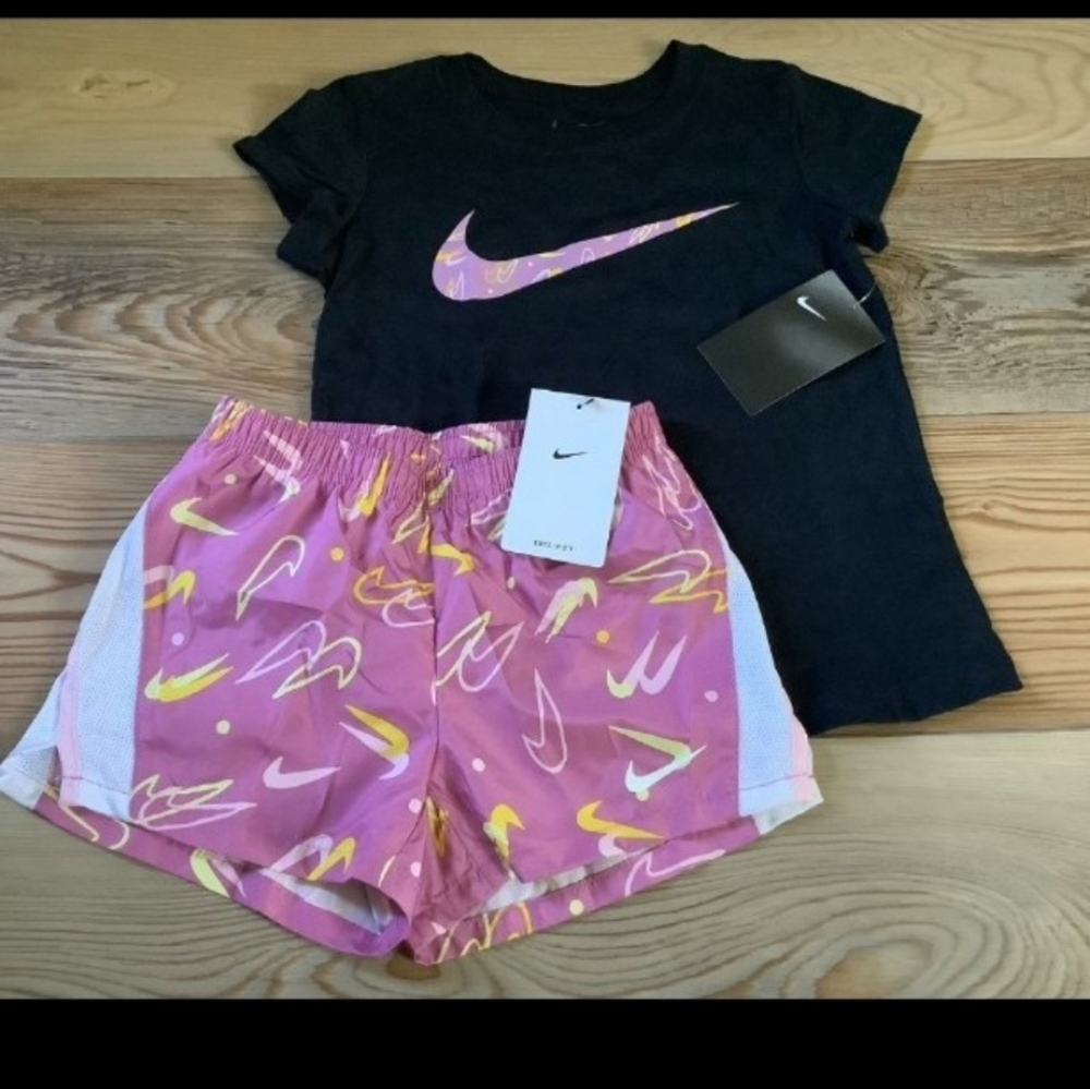 Nike Girls' Black Logo Tee & Pink Swoosh Shorts Outfit Size 6/6X